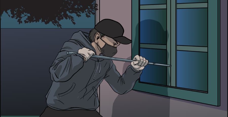 Illustration of burglar forcing entry through a window in St. Louis