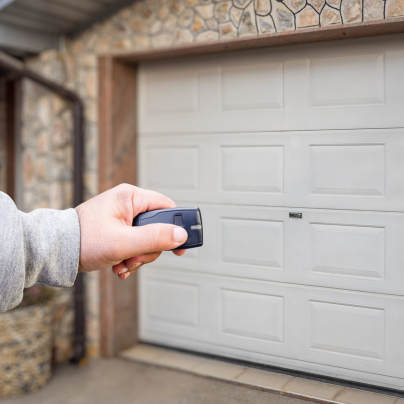 St. Louis security key fob pointing to a garage door